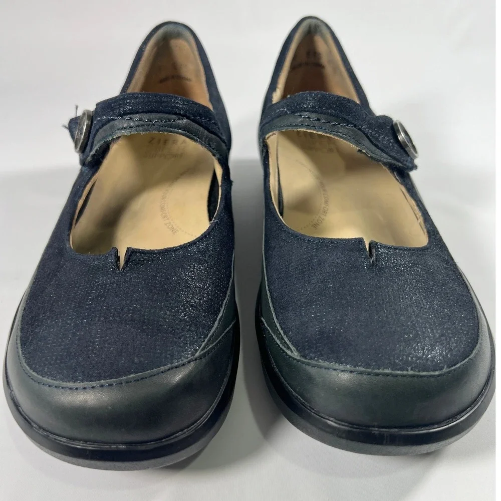 Ziera Mary‎ Jane Comfort Flats Super Support Navy Blue Shimmer Leather Womens 39